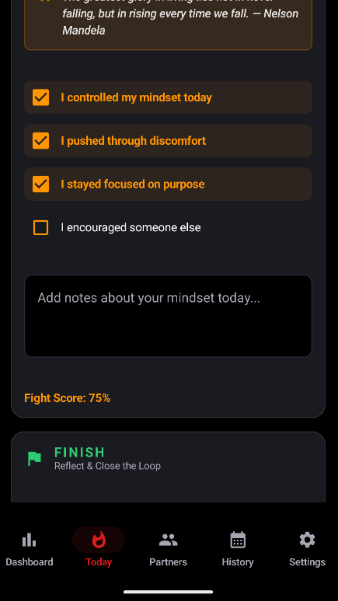 F3 Fight section showing midday mindset check