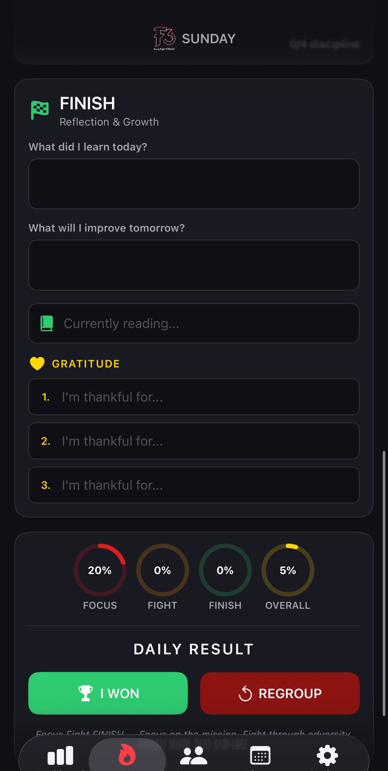 F3 daily reflection screen with the I Won button highlighted as the payoff for stacking the day's wins