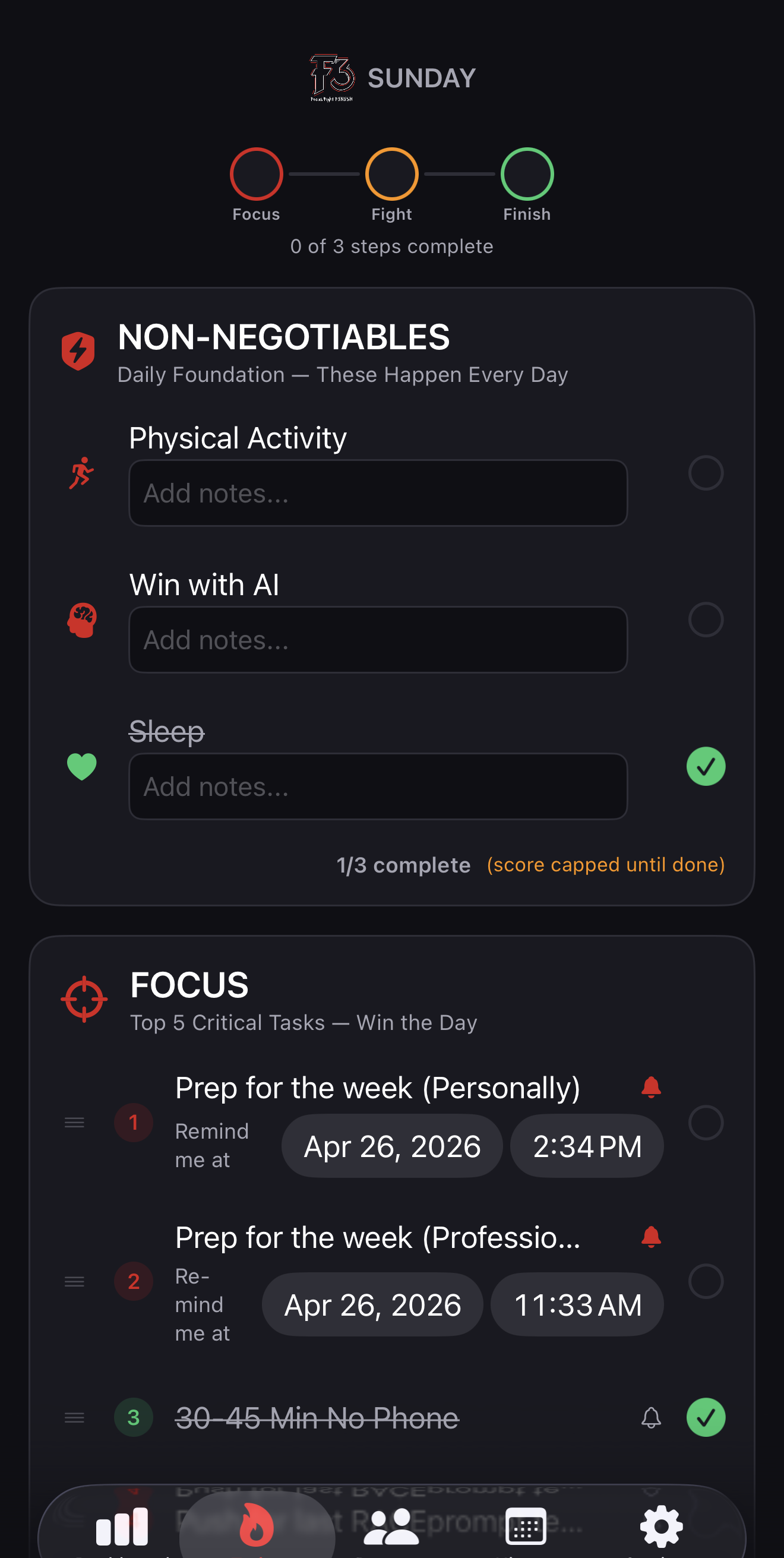 F3 Focus section showing the day's Non-Negotiables and Top 5 Critical Tasks